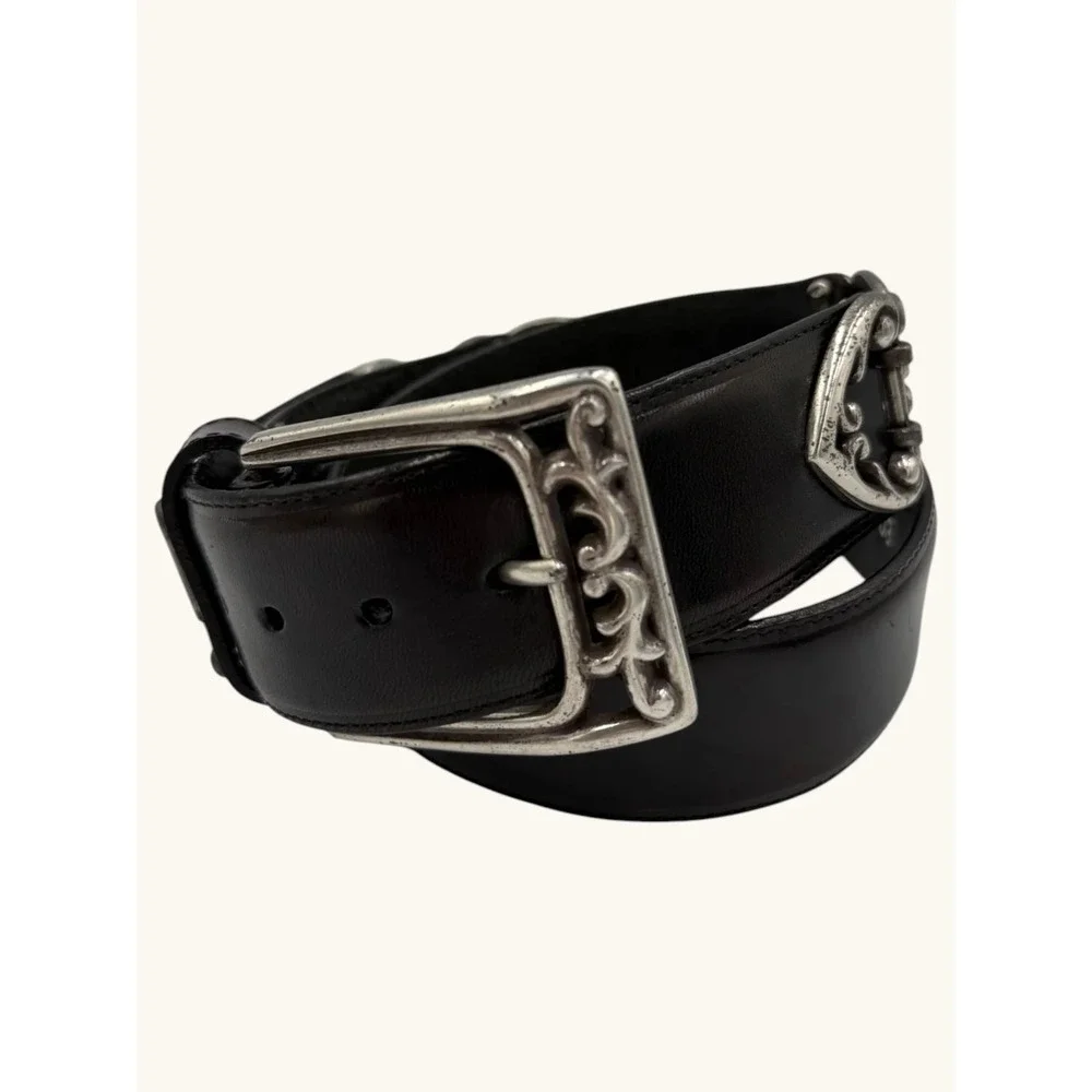 Brighton Black Leather Belt Silver Heart Scroll Ornate Western Made in USA M